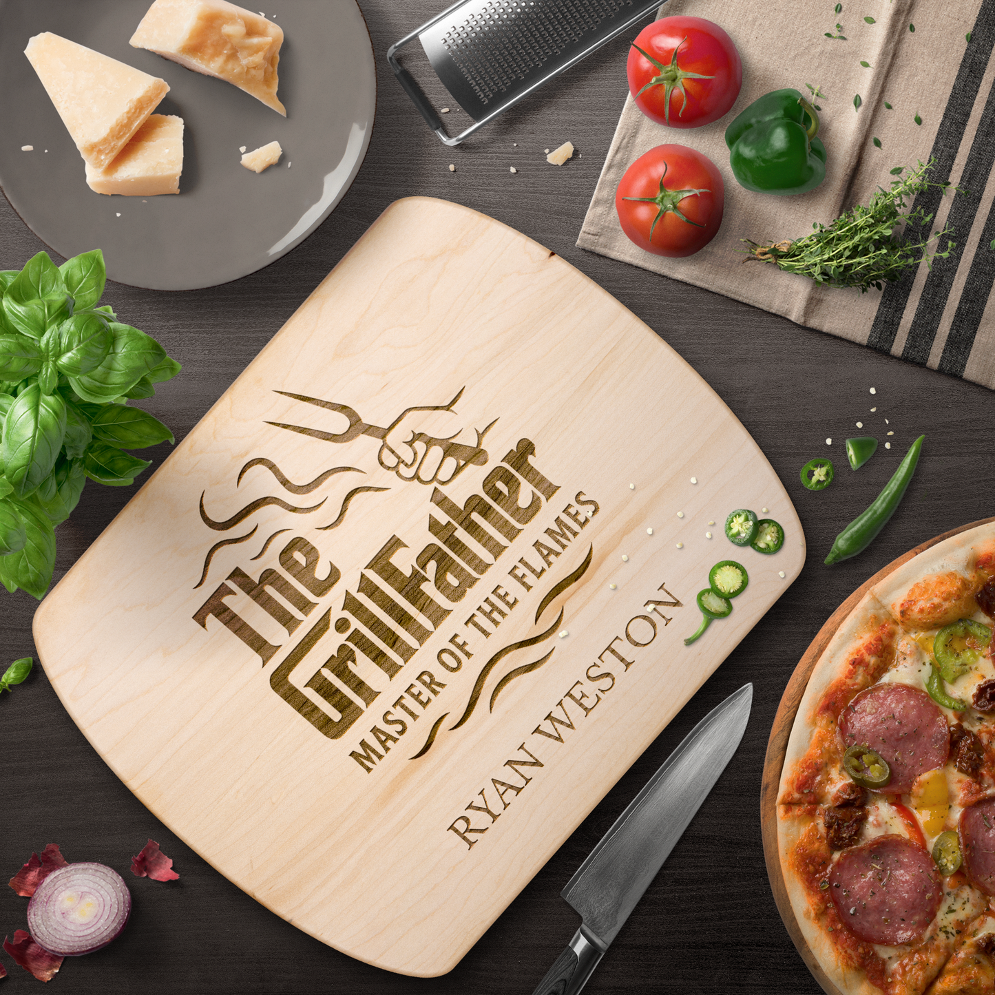 Personalized "THE GRILLFATHER" Hardwood Oval Cutting Board